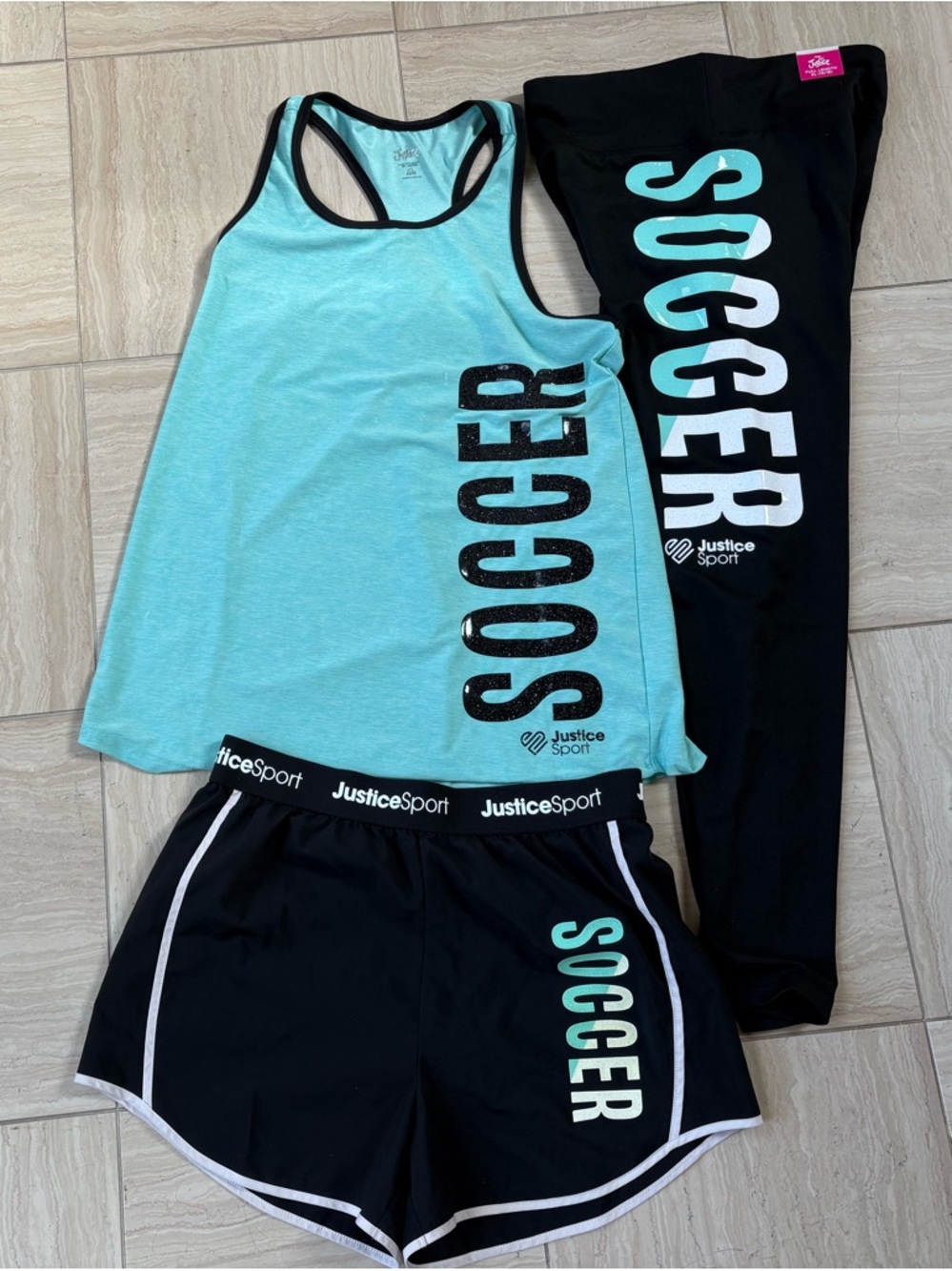 Justice 3 piece Soccer Set (Tank, Leggings, Shorts) Girls Size XL 16/18